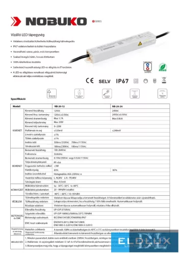 NOBUKO řada B 24 V 20 W IP67 Venkovní LED napájecí zdroj