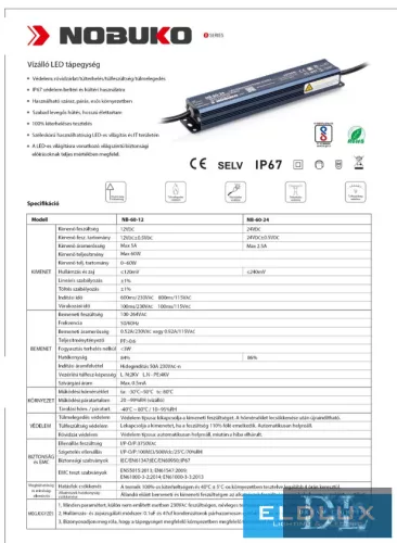 NOBUKO řada B 12 V 60 W IP67 Venkovní LED napájecí zdroj