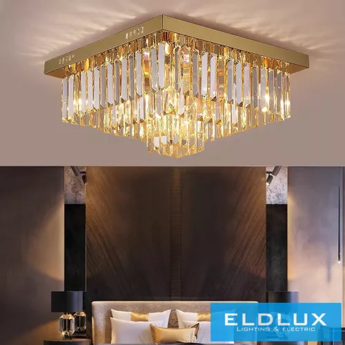 ELDLUX Křišťálová skleněná stropní lampa E14×12 D500x500x350mm Zlatá